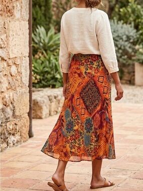 Coldwater Creek Orange Floral Patchwork Midi Skirt